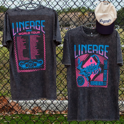 The 2025 Lineage World Tour shirt featuring all the last year's coffee offerings on the back and a scorpion on the front