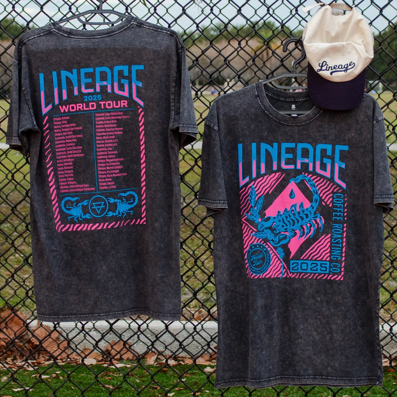 The 2025 Lineage World Tour shirt featuring all the last year's coffee offerings on the back and a scorpion on the front
